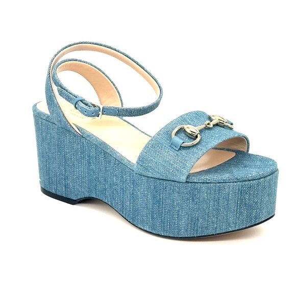 Gucci Lady Horsebit Denim Platform Wedge Heel Sandals Shoes Blue - Picture 8 of 14